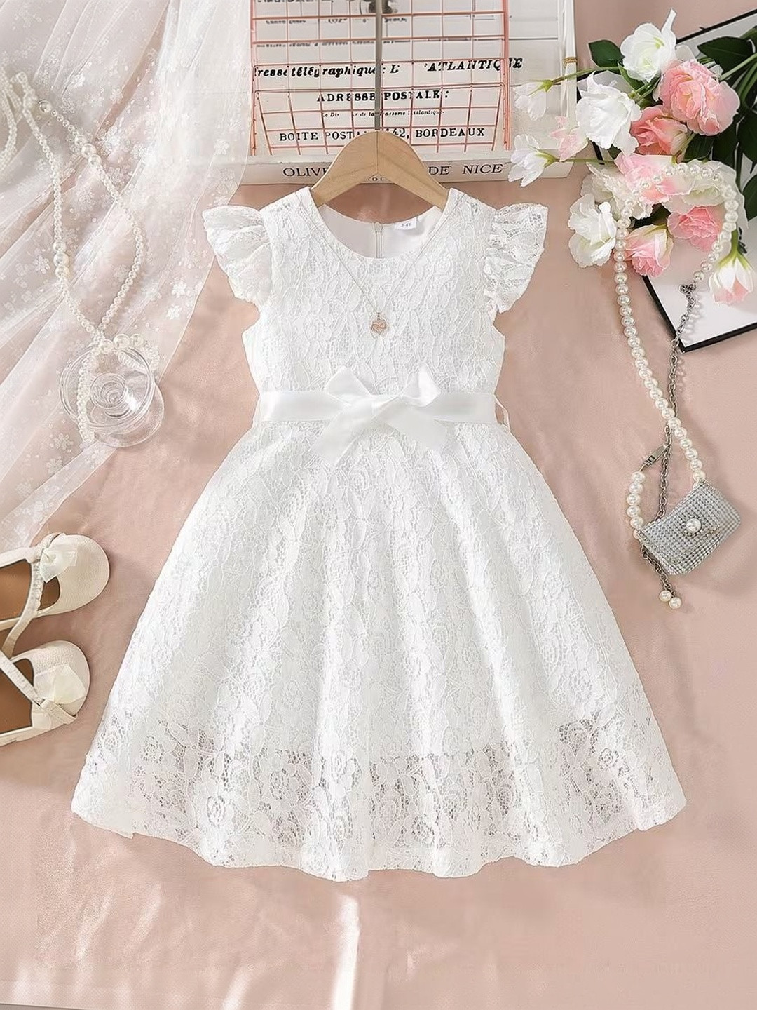 WAHOO Flutter Sleeve Net Fit & Flare Dress