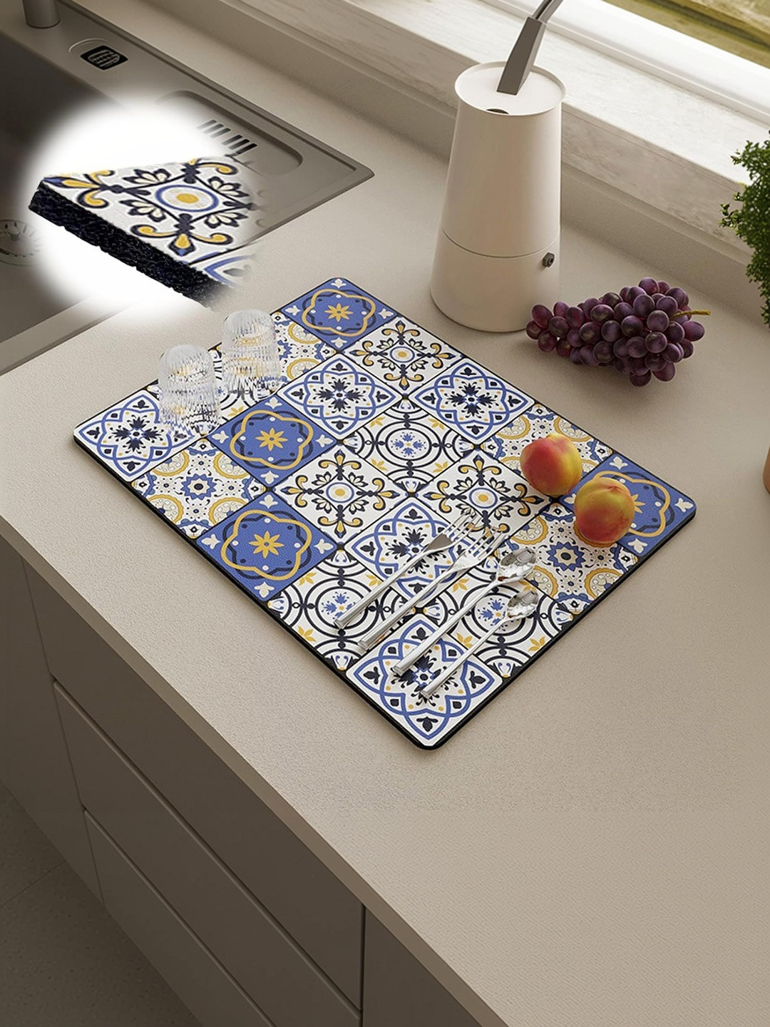 HomeCloud Navy Blue & White Printed Rubber Anti Slip Kitchen Mat
