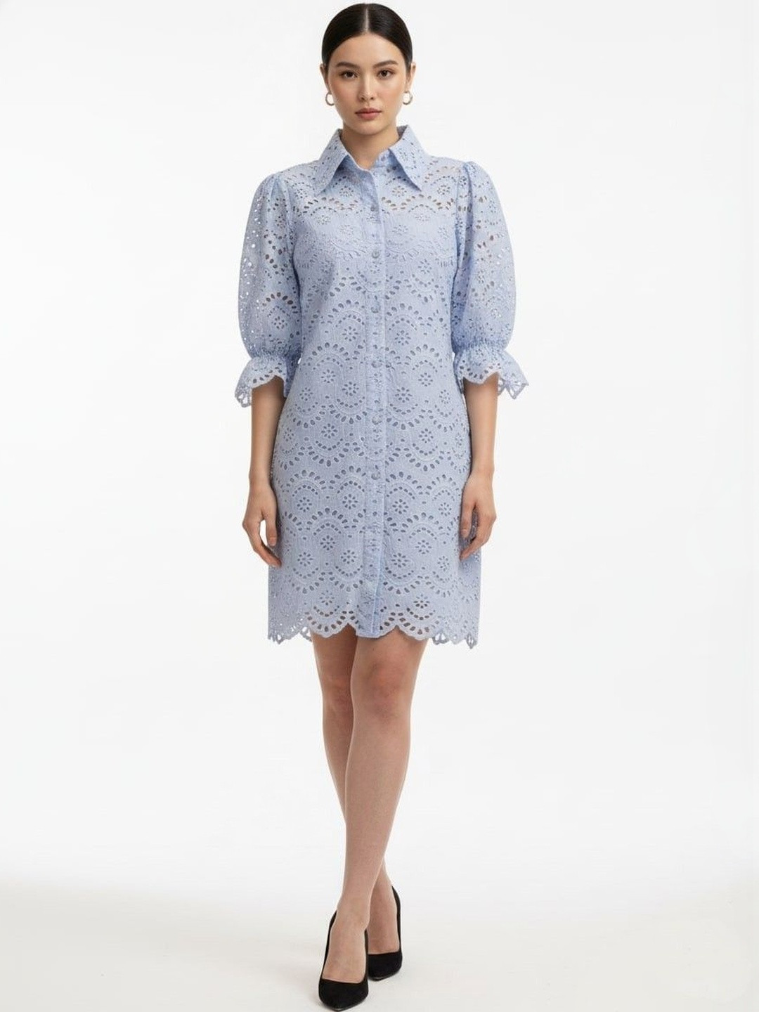 Pookiie Embroidered Puff Sleeve Shirt Dress