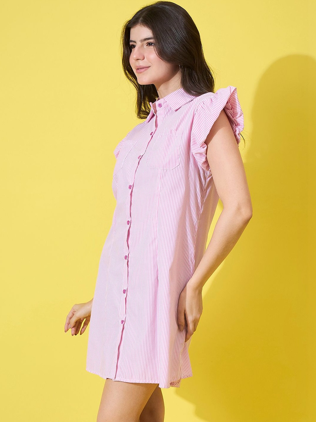 IQOA Striped Flutter Sleeve Ruffled Shirt Mini Dress
