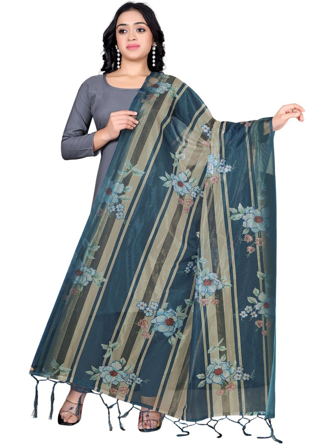 Kemza Printed Organza Ikat Dupatta with Phulkari