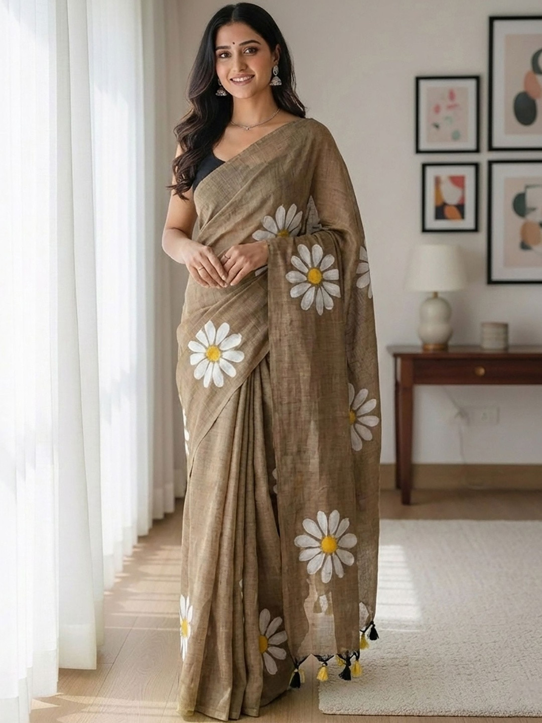 Moda Rapido Floral Linen Blend Block Print Saree
