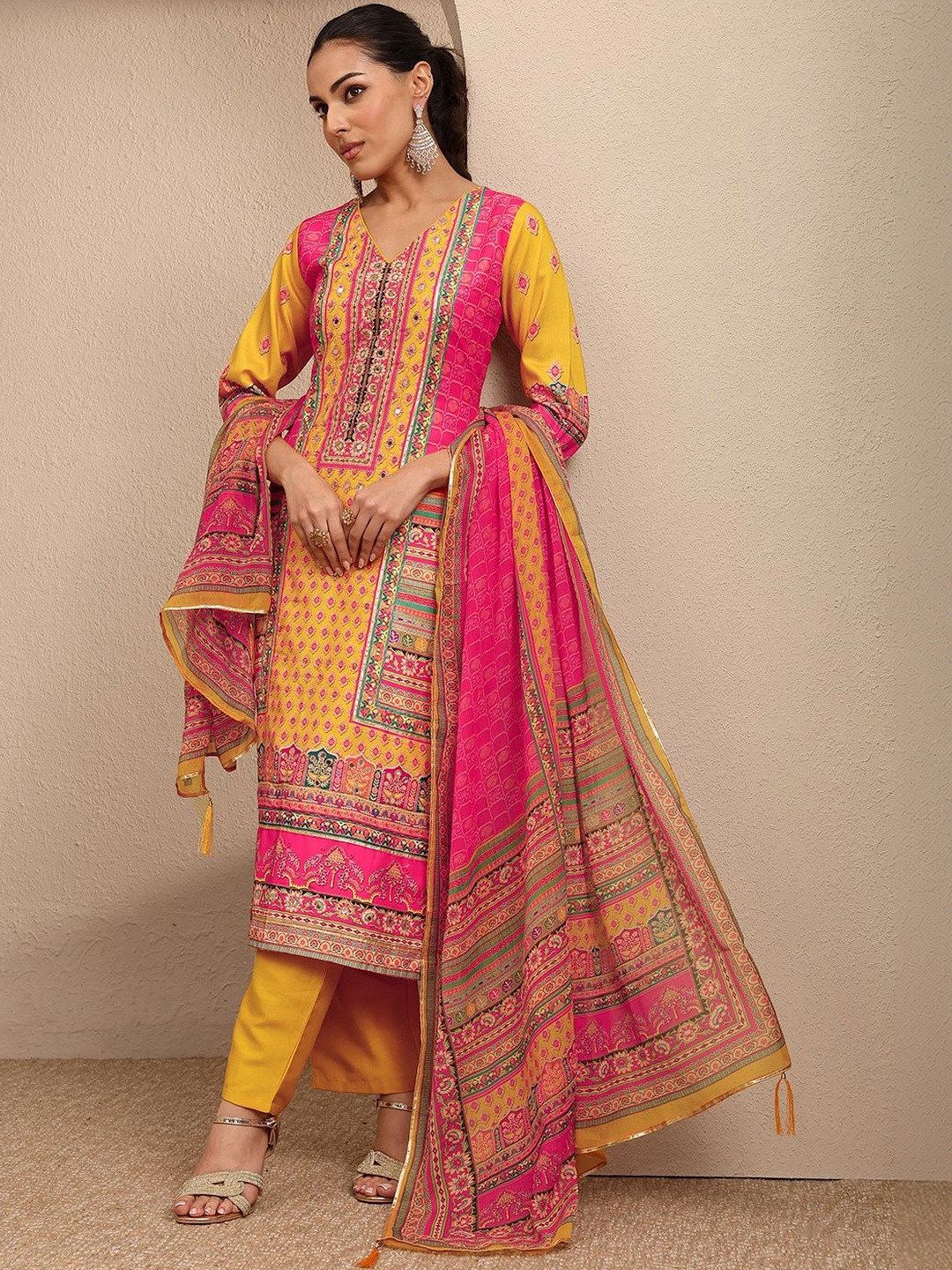 Libas Women Ethnic Motifs Printed Regular Mirror Work Kurta with Trousers & With Dupatta