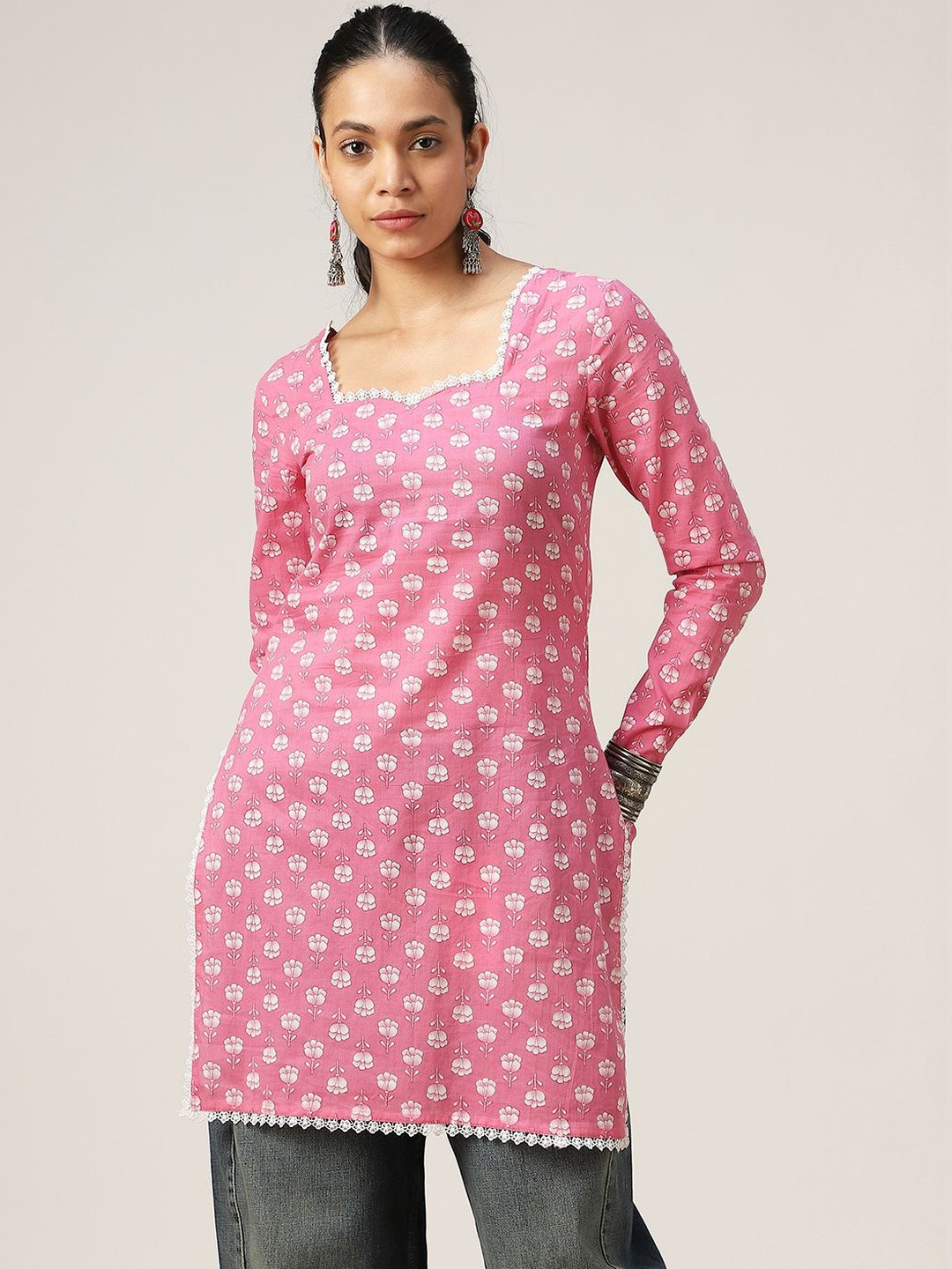 GULMOHAR JAIPUR Hip Length Tie-Ups Floral Square Neck Top