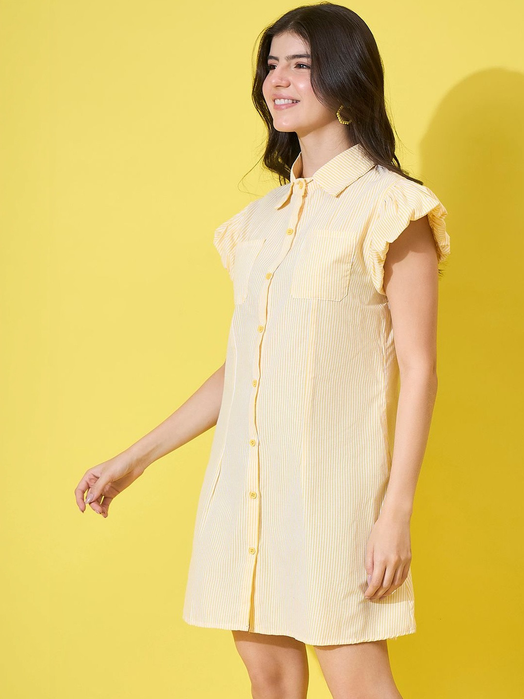 IQOA Striped Flutter Sleeve Shirt Mini Dress