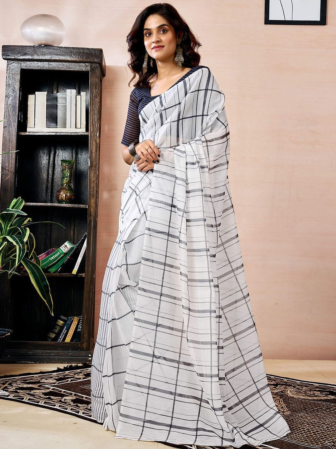 Sanisa Printed White Chanderi Cotton Ready to wear saree for Women With Unstiched Blouse