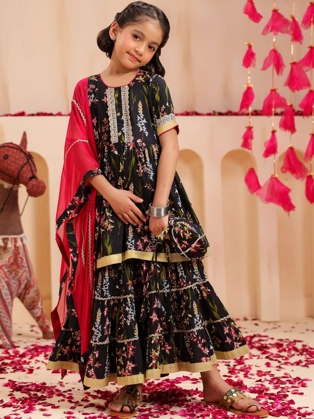 Rain & Rainbow Ethnic Motifs Printed Kurta Sharara Set With Dupatta