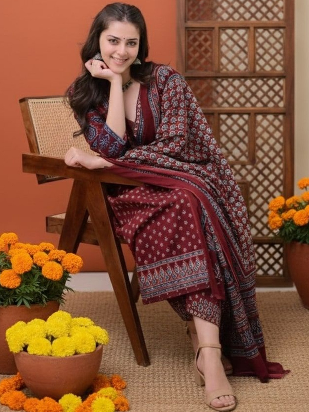 KALINI Women Ethnic Motifs Printed Panelled Kurta with Trousers & With Dupatta