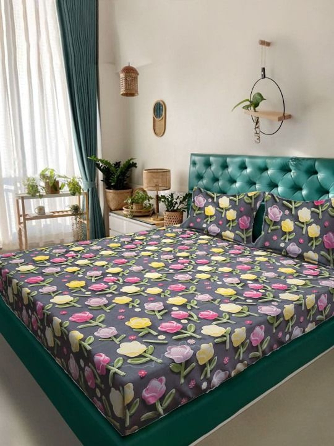 TINDLER KNOTS Grey & Pink Floral King Bedsheet with 2 Pillow Covers