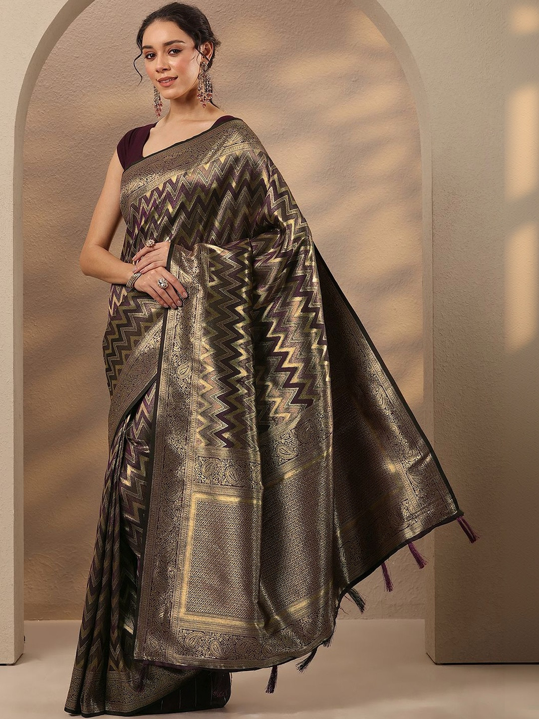 Libas Burgundy Chevron Woven Design Saree With Unstitched Blouse Piece