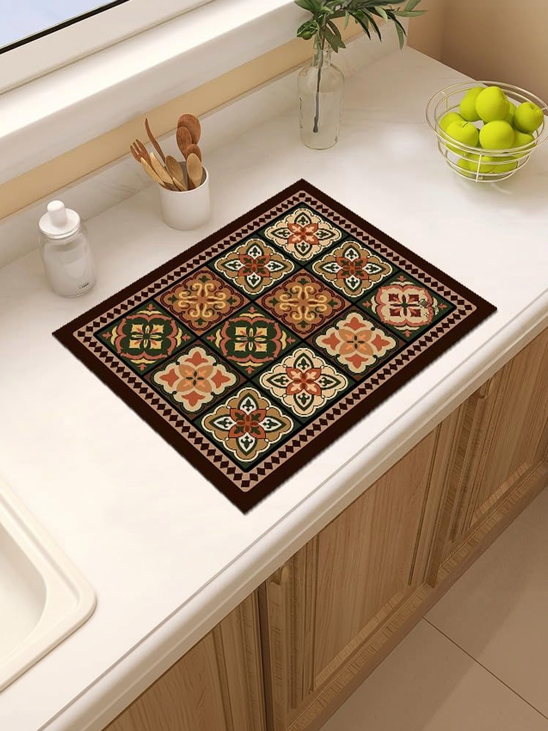 HomeCloud Olive Green & Brown Printed Rubber Anti Slip Kitchen Mat