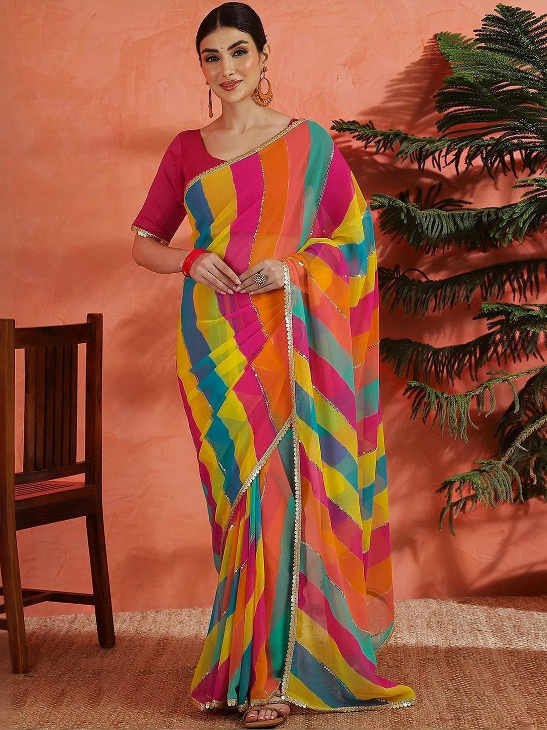 SANISA Striped Sequinned Pure Cotton Heavy Work Saree