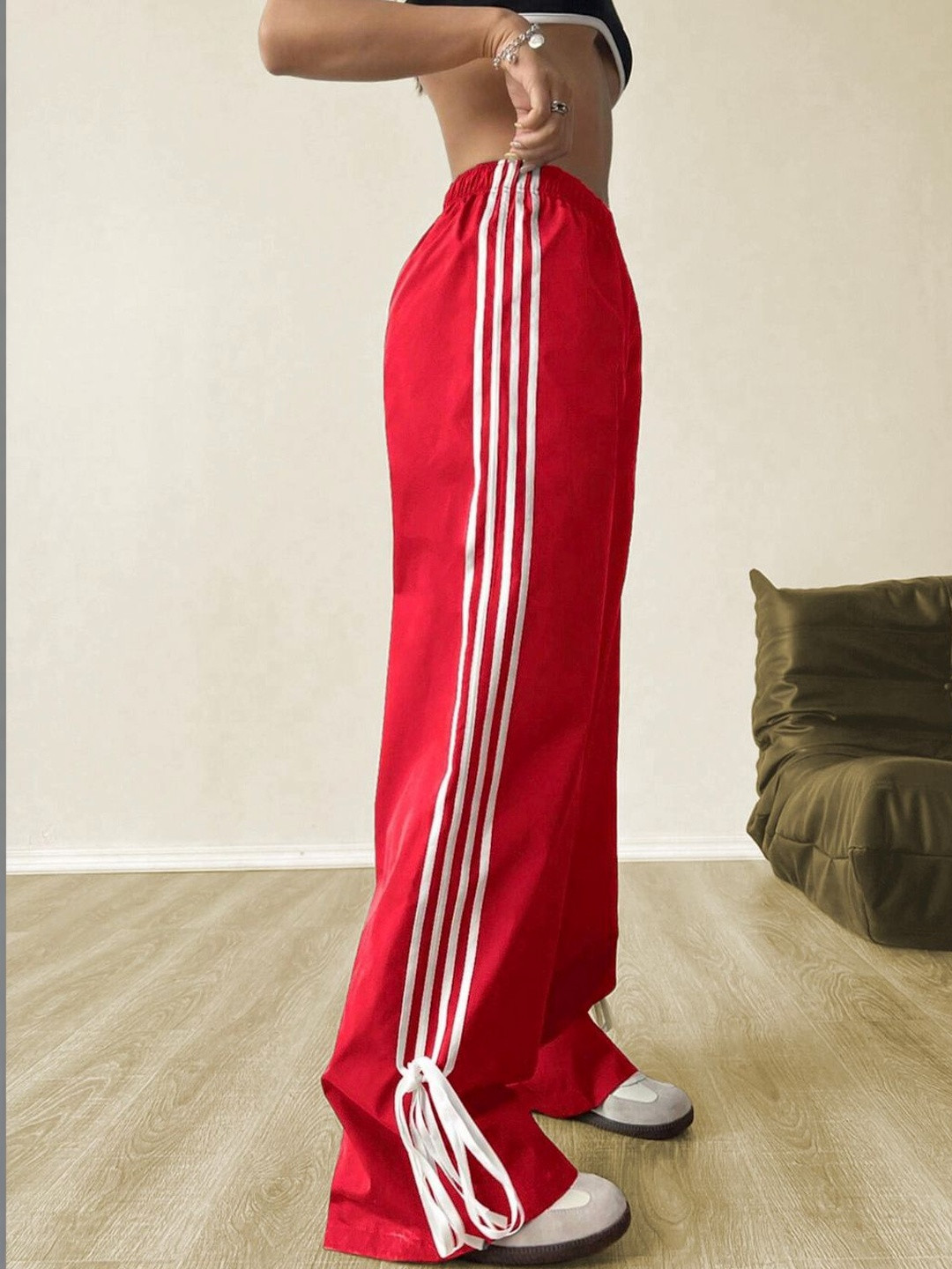 QIOA Women Striped Relaxed Straight Leg High-Rise Easy Wash Trousers