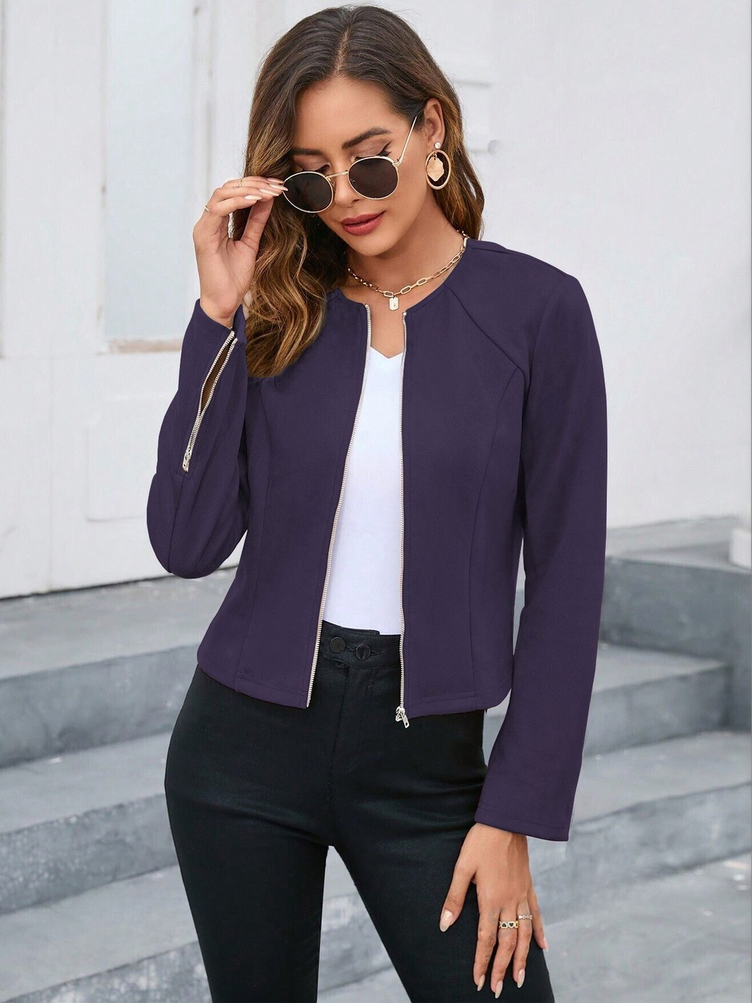 GENZILOOKS Purple Round Neck Casual Top