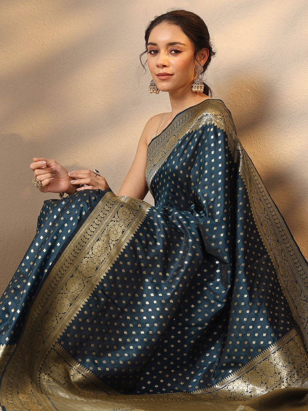 Libas Navy Blue Woven Design Saree With Unstitched Blouse Piece
