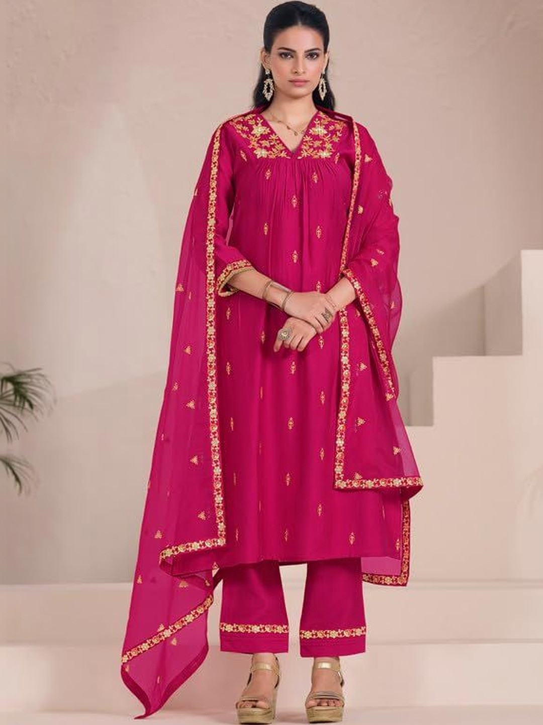 Anara Women Ethnic Motifs Embroidered Regular Gotta Patti Raw Silk Kur