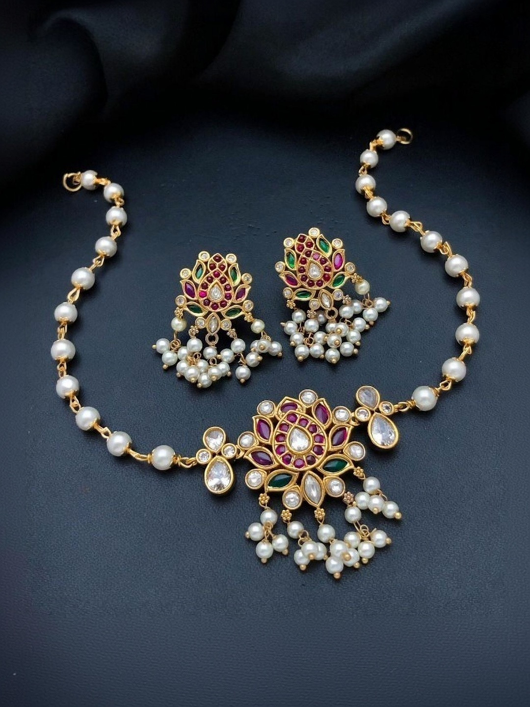 TEEMEX Gold-Plated Stone-Studded & Beaded Jewellery Set