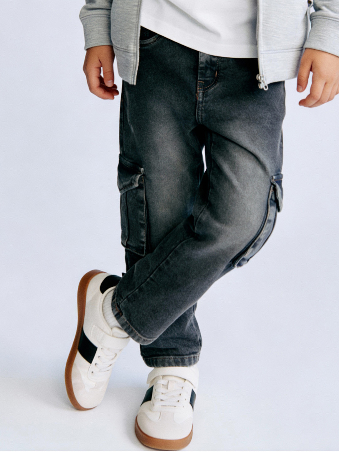 Purple United Kids Boys Charcoal Cargo Fade Wash Structured Waistband Comfort Denim Jeans