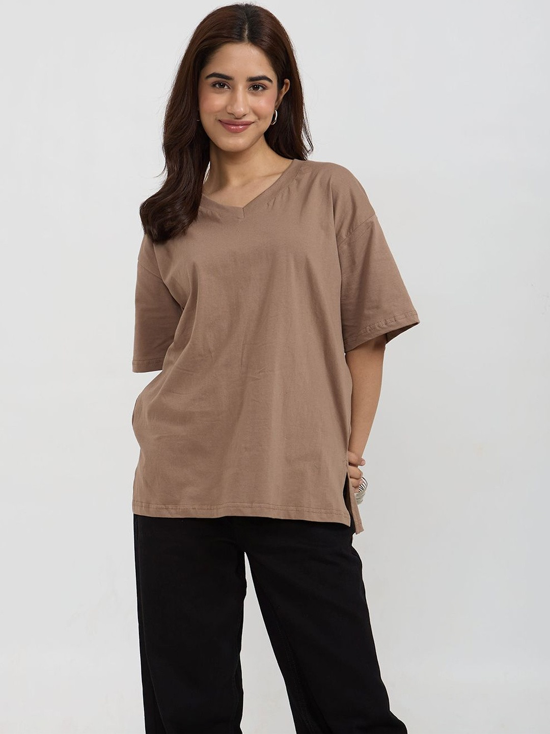 DKY Women V-Neck Drop-Shoulder Sleeves T-shirt
