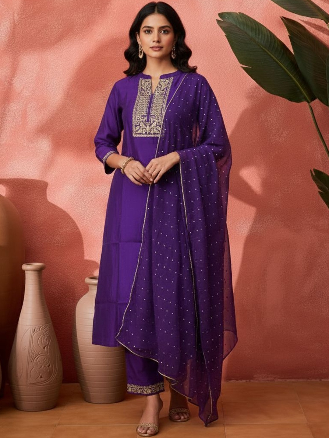 Sangria Embroidered Mandarin Collar Kurta & Trousers with Dupatta