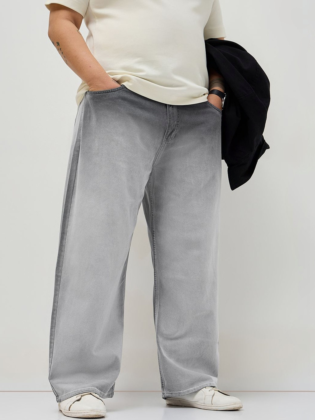 Urbano Plus Loose Non Grey Heavy Fade Mid-Rise Baggy Fit Stretchable Jeans