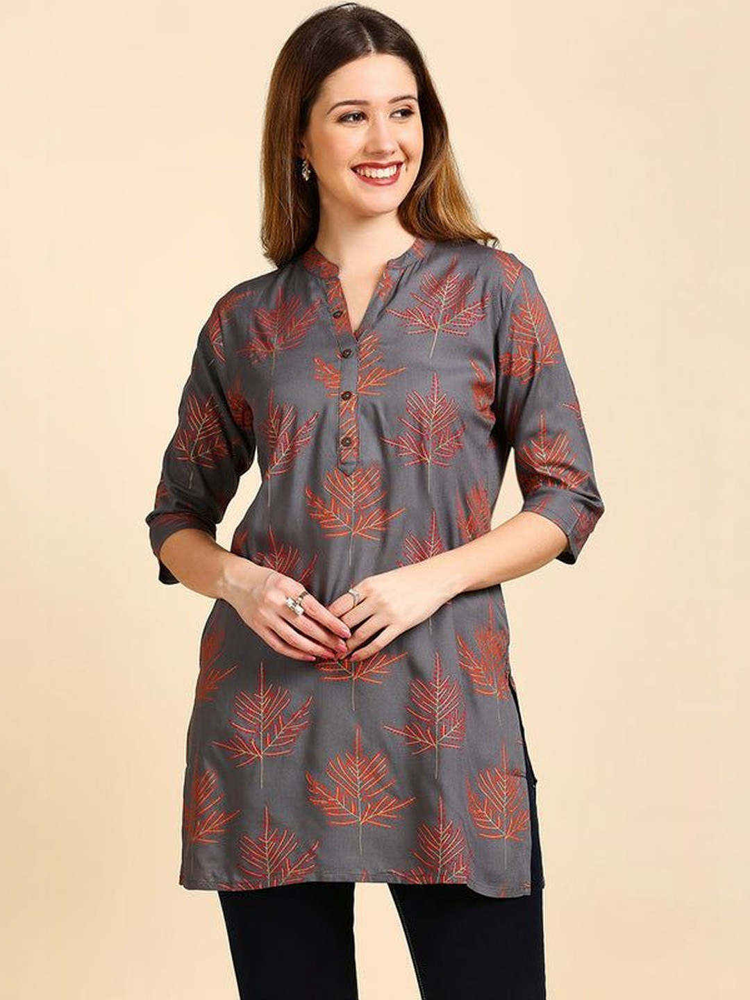 Charnest Viscose Rayon Mandarin Collar Printed Tunic