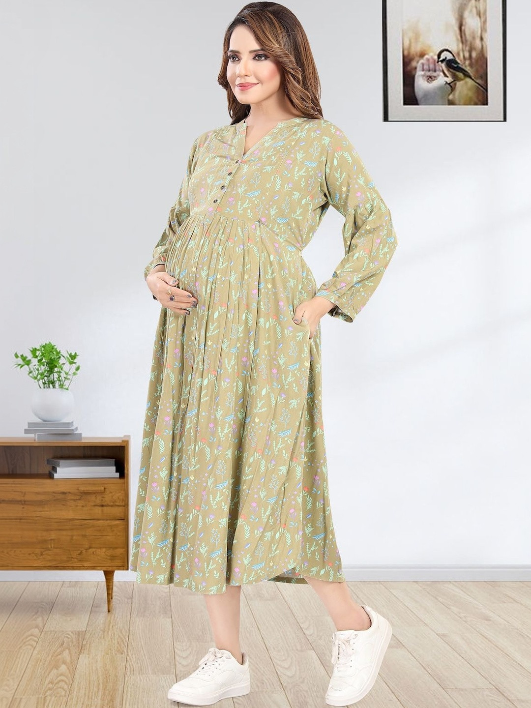 MomsBae Floral Print Maternity A-Line Midi Dress