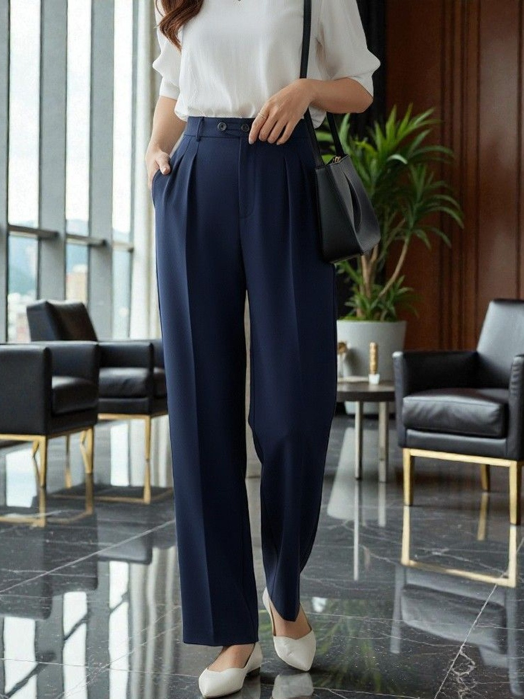 Next One Women Smart Loose Fit High-Rise Easy Wash Pleated Trousers