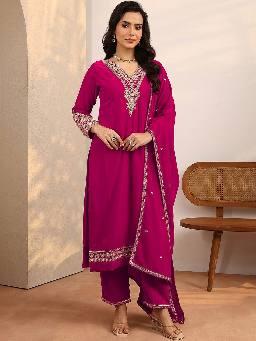 Libas Women Ethnic Motifs Embroidered Regular Thread Work Velvet Kurta with Trousers & With Dupatta