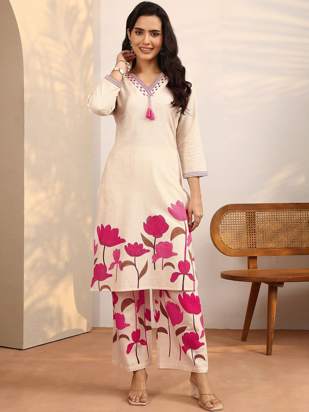 Libas Off White Floral Printed Tunic With Floral Printed Palazzo