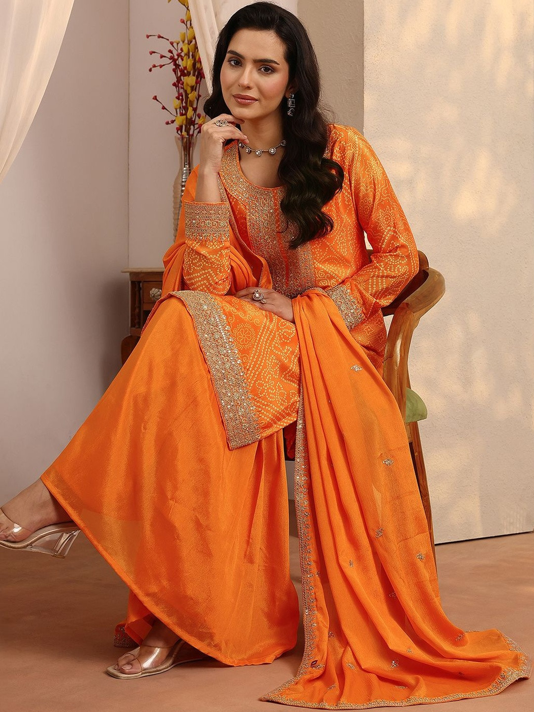 Libas Women Bandhani Printed Regular Gotta Patti Kurta with Sharara & With Dupatta