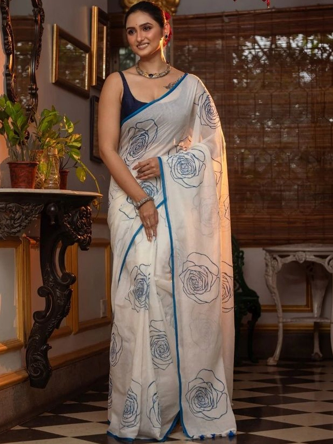 KALINI Floral Linen Blend Block Print Saree