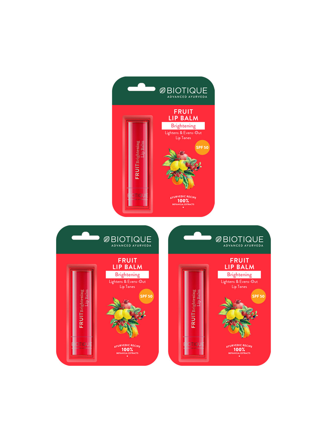 Biotique Set of 3 Fruit Brightening Lip Balm - 4g Each