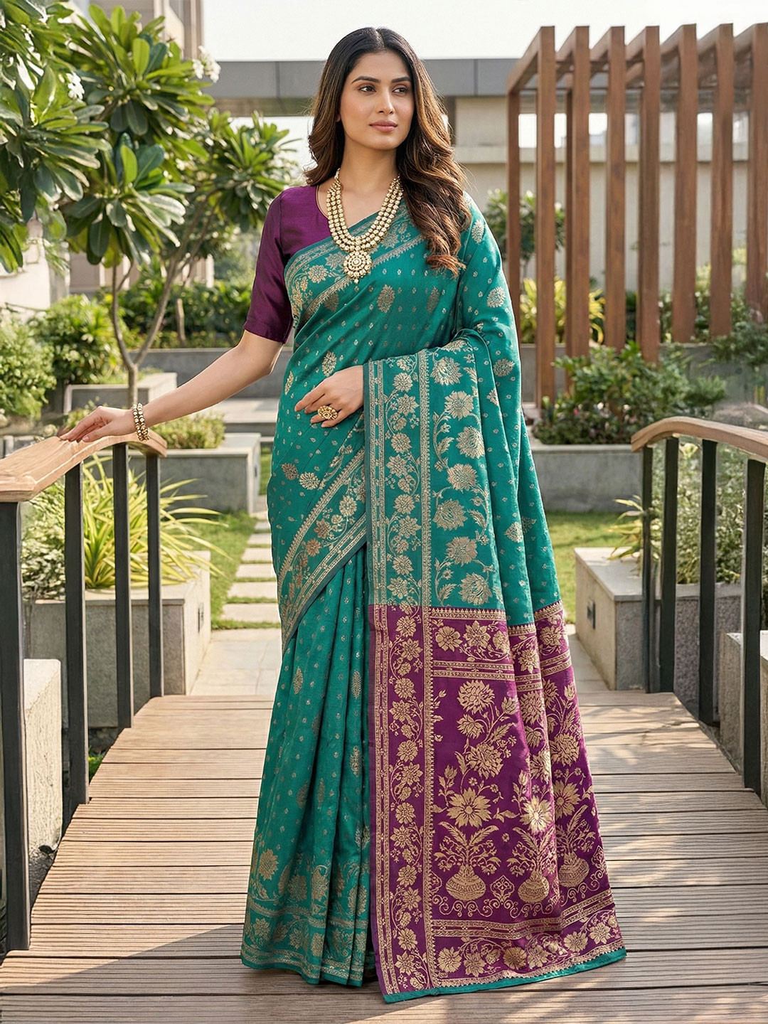 YUGAVEERAA Ethnic Motifs Zari Silk Cotton Heavy Work Kanjeevaram Saree