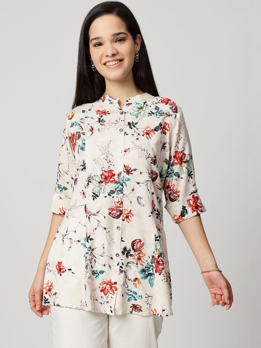 ARAVALII Floral Print Mandarin Collar Top