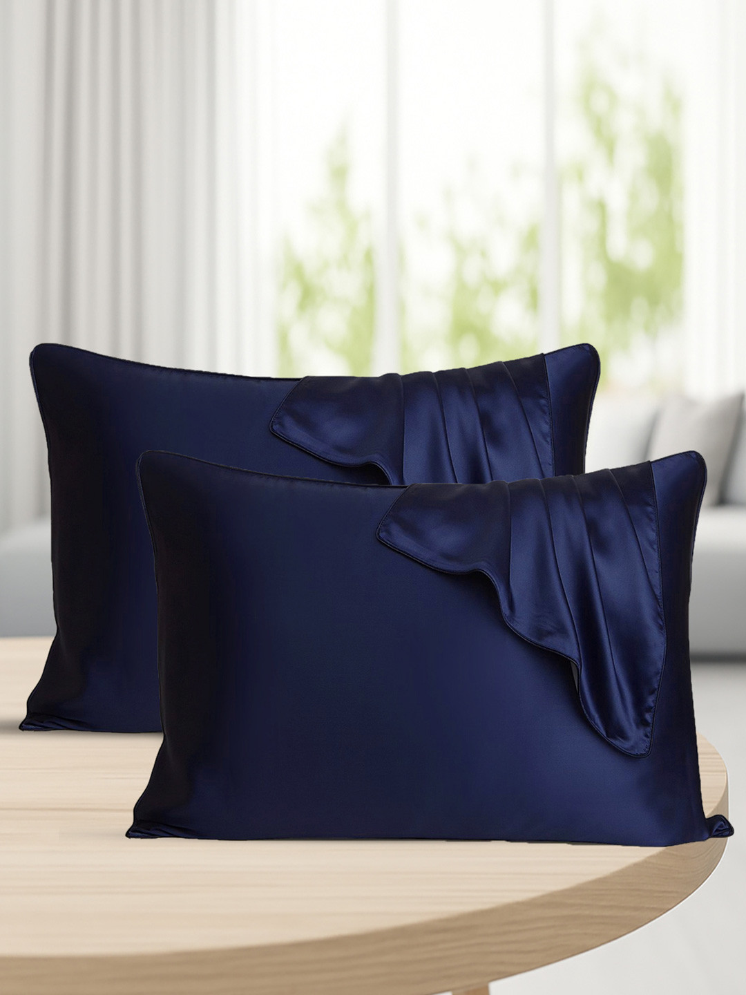 GRISHVA Navy Blue Set Of 2 Silk Satin Pillow Covers with Pleated Closure