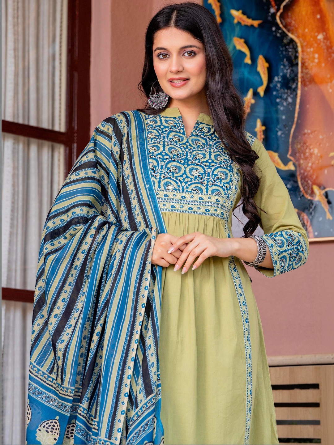Pistaa Women Ethnic Motifs Printed Empire Pure Cotton Kurta with Trousers & With Dupatta