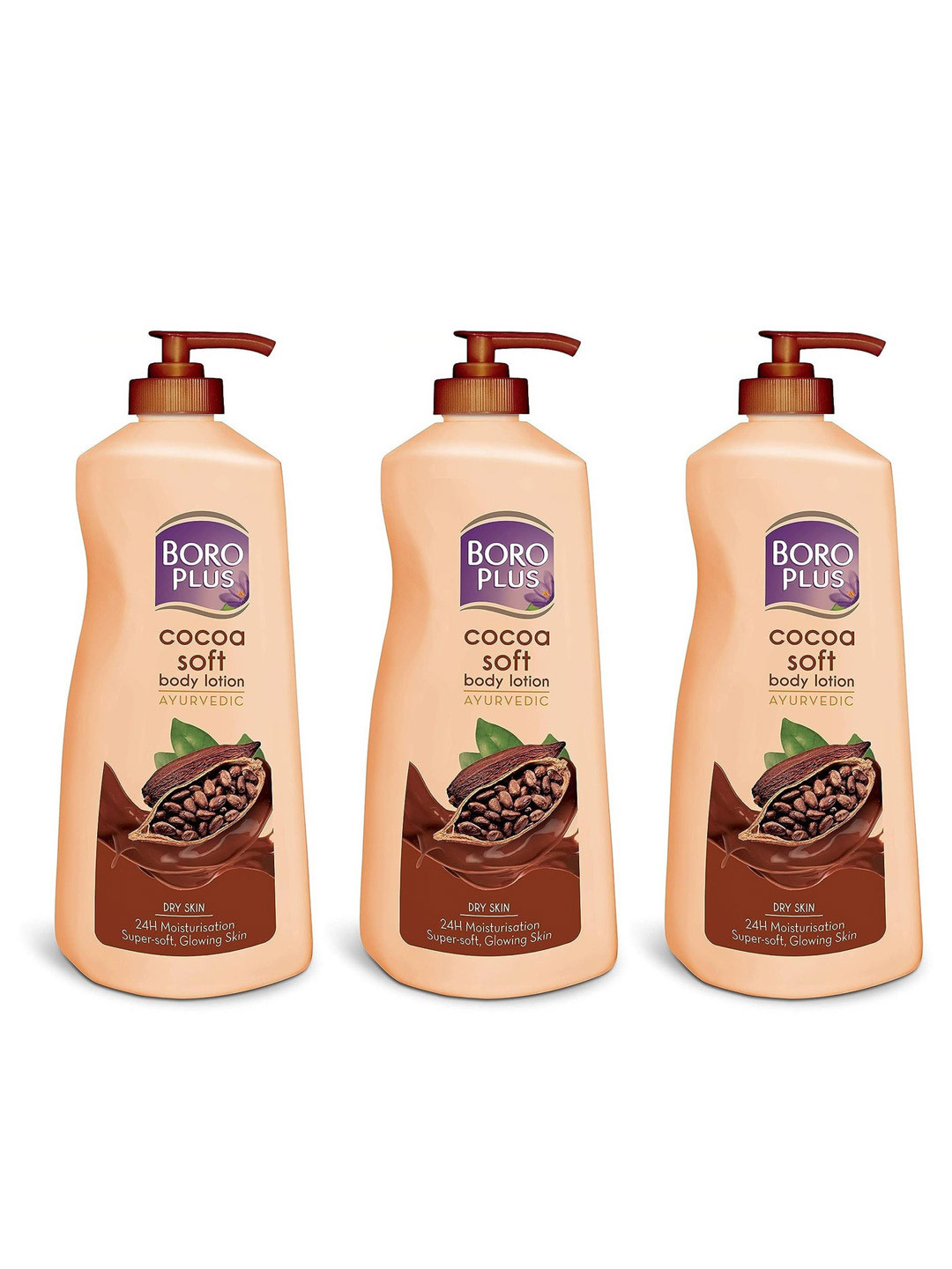 BOROPLUS Set of 3 Cocoa Soft Ayurvedic 24H Body Lotion For Dry Skin - 400ml each