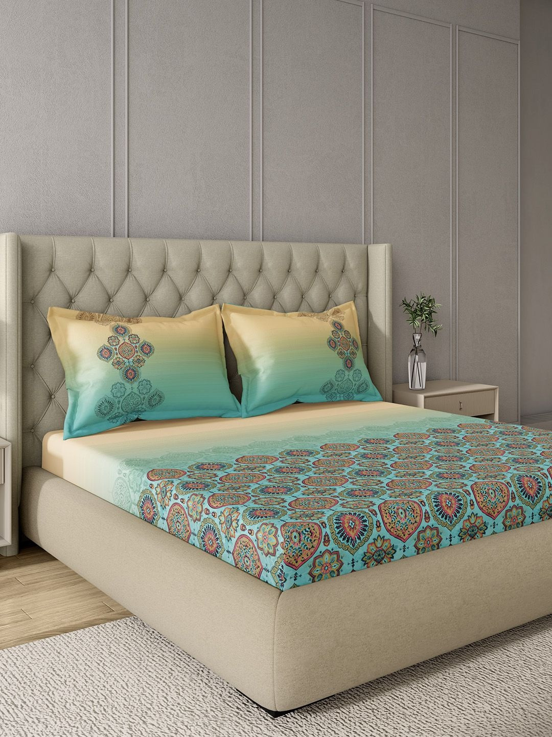 GM Blue & Yellow Ethnic Motifs 144 TC King Bedsheet with 2 Pillow Covers