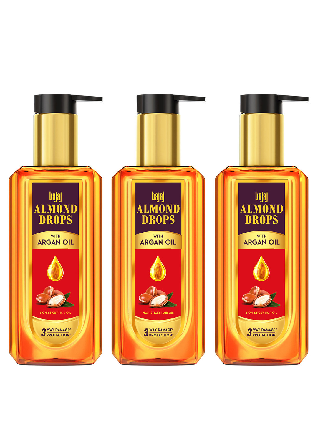 BAJAJ CONSUMER CARE Set Of 3 Almond Drops Non-Sticky Hair Oil With Argan - 200ml Each