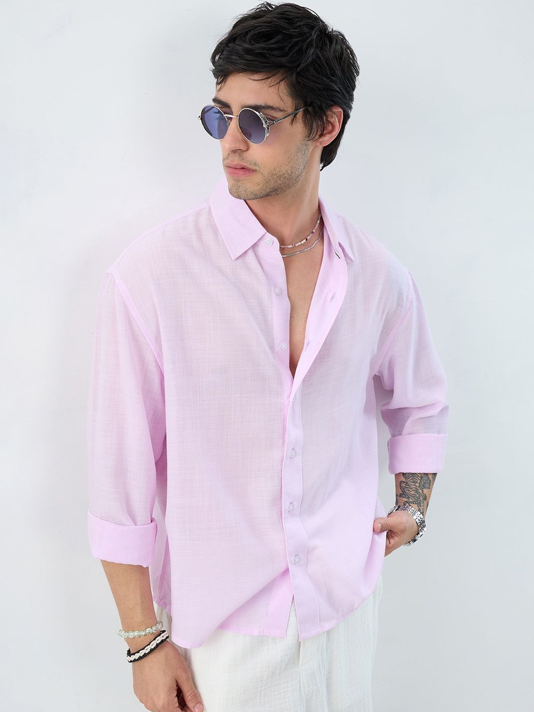 VASTRADO Pearl Slub Textured Cotton Long Sleeves Boxy Fit Shirt