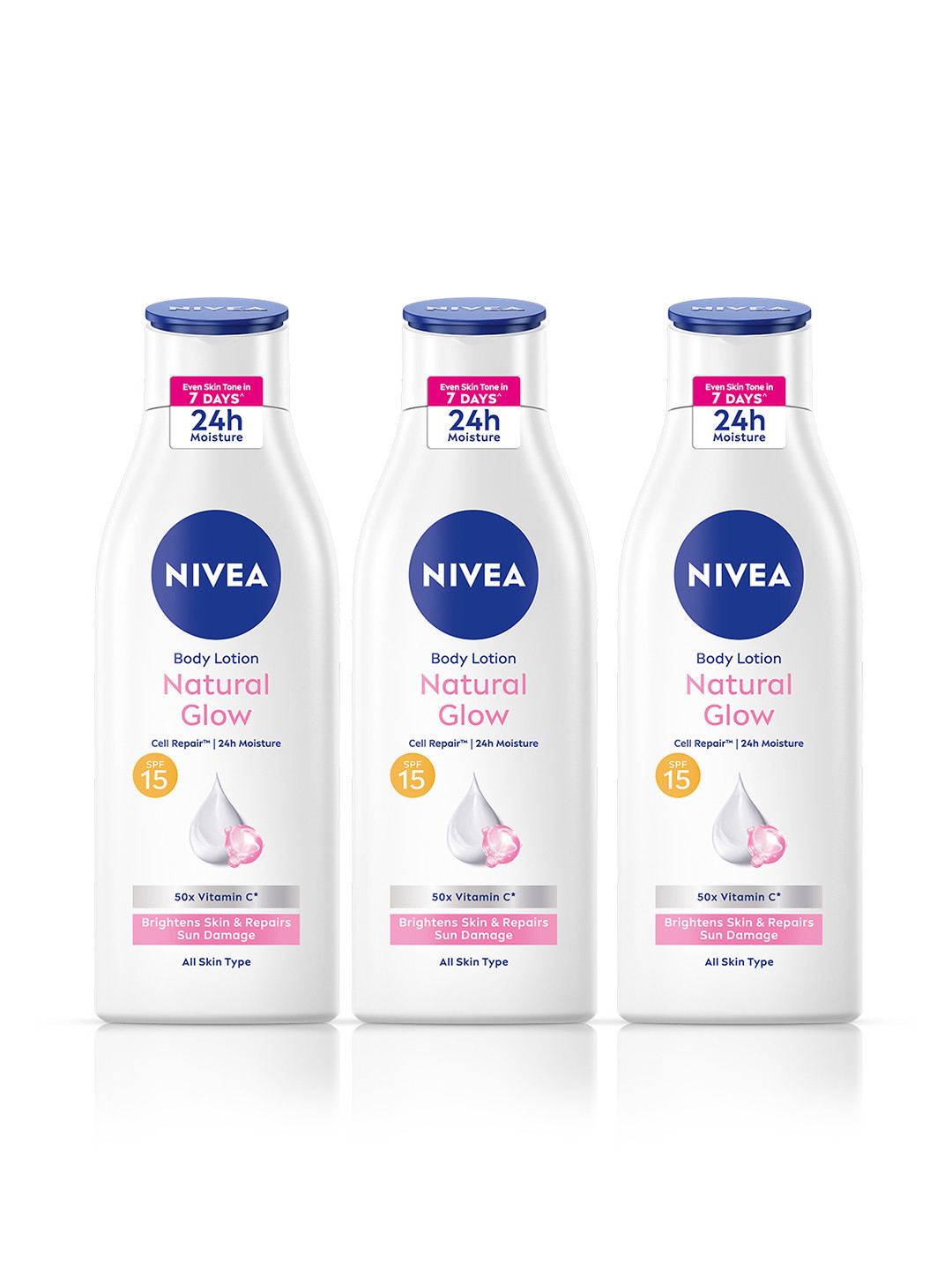 Nivea Set of 3 Natural Glow SPF15 Cell Repair Body Lotion with 50x Vitamin C - 200 ml each