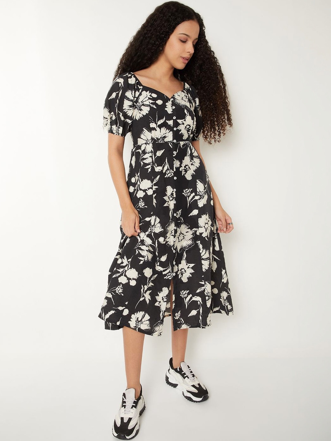 max Floral Print Puff Sleeve Fit & Flare Midi Dress