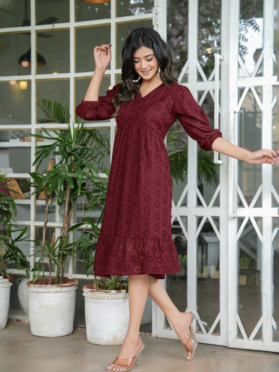 CORSICA Embellished Embroidered Puff Sleeve Empire Midi Dress