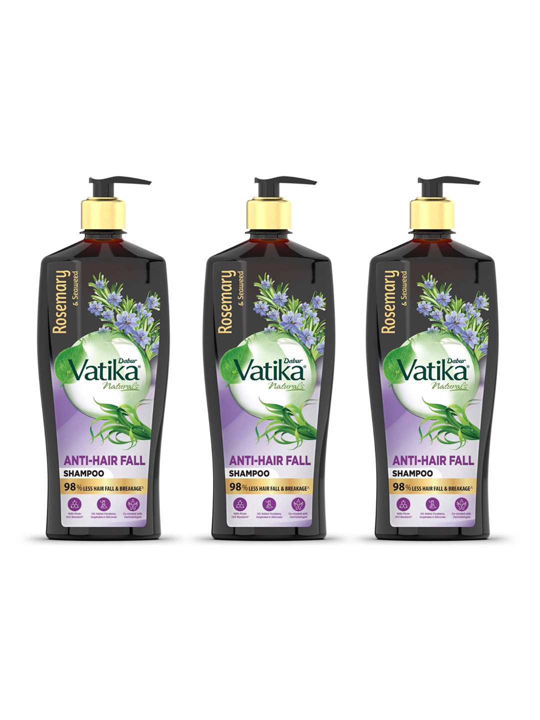 Dabur Set of 3 Vatika Naturals Rosemary & Seaweed Anti-Hair Fall Shampoo - 640ml each