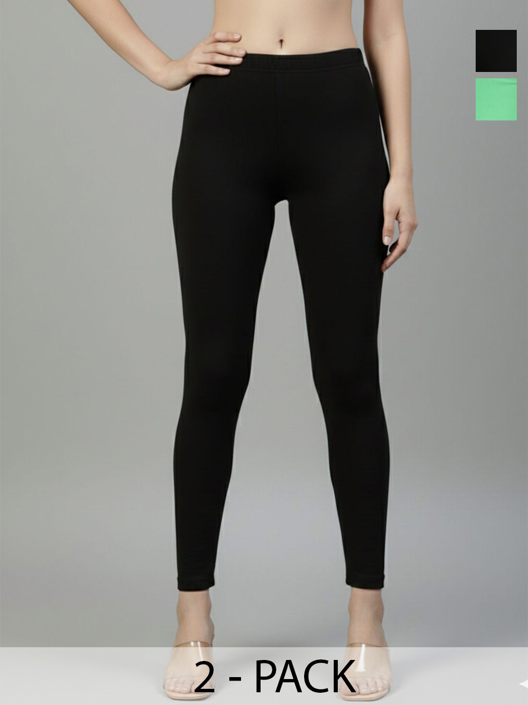 ZAYANQA Women Pack Of 2 Black & Mint Green Slim Fit Mid-rise Stretchable Cotton Ankle Length Legging