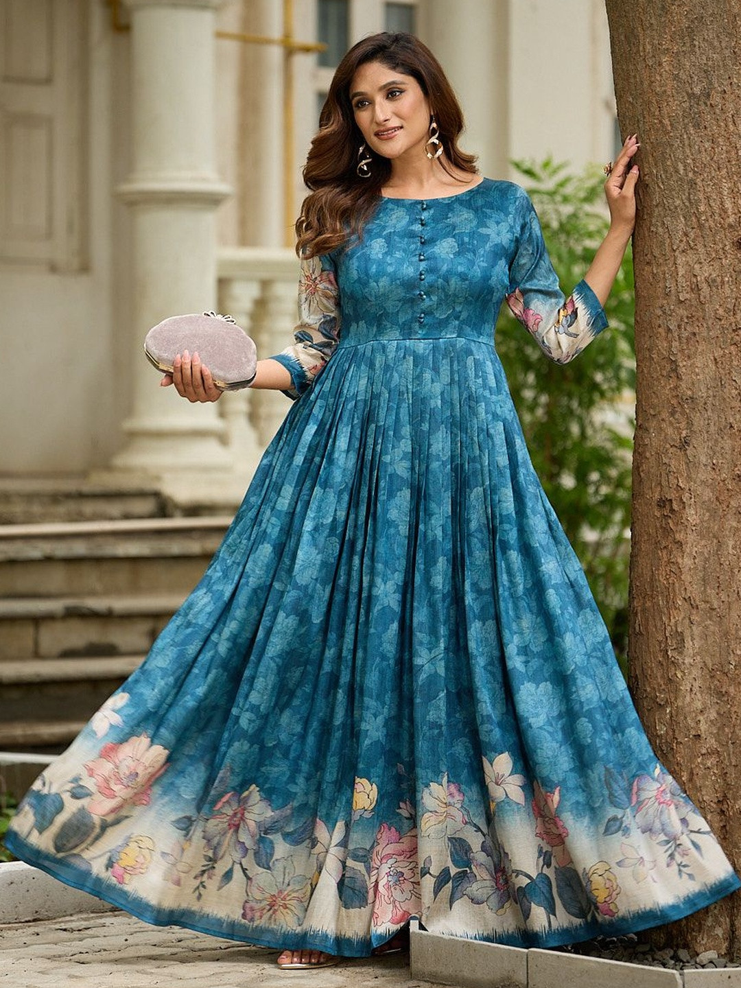 Tasarika Silk Blend Gathered Or Pleated Floral Maxi Fit & Flare Dress