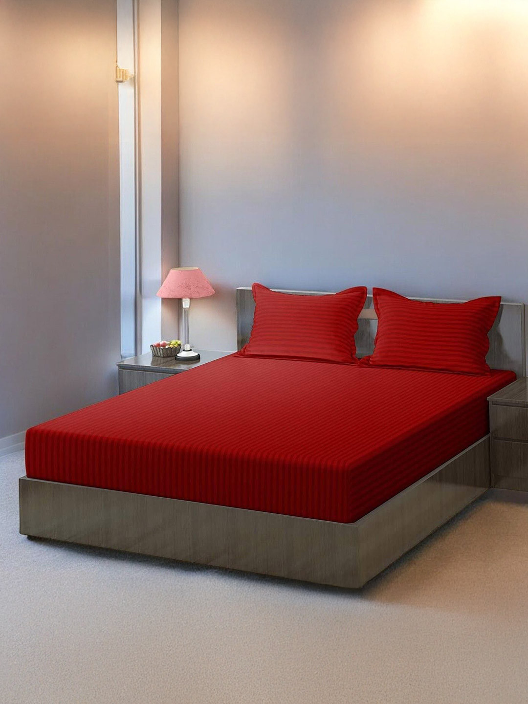 Homybees Red Striped 220 TC Bedsheet with 2 Pillow Covers