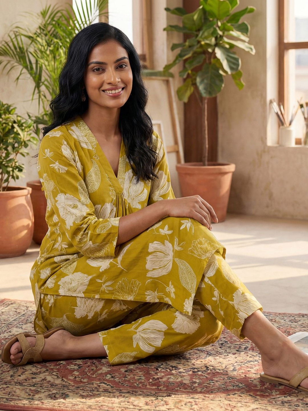 Indo Era Women Floral Printed Regular Pure Cotton Kurta with Trousers