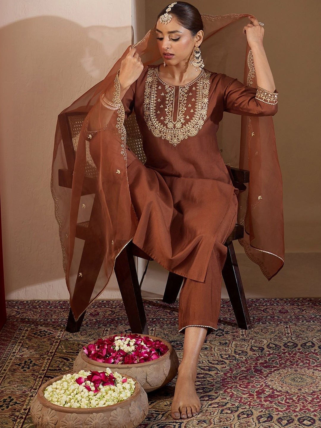 Indo Era Women Ethnic Motifs Embroidered Regular Thread Work Liva Kurta with Trousers & With Dupatta